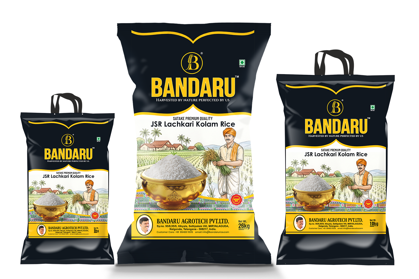 Bandaru JSR Black rice packs in 5 kg, 10 kg and 26 kg