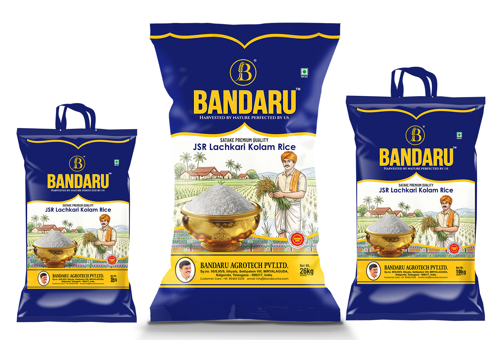 Bandaru JSR Lachkari Kolam Rice packs in 5 kg, 10 kg and 26 kg