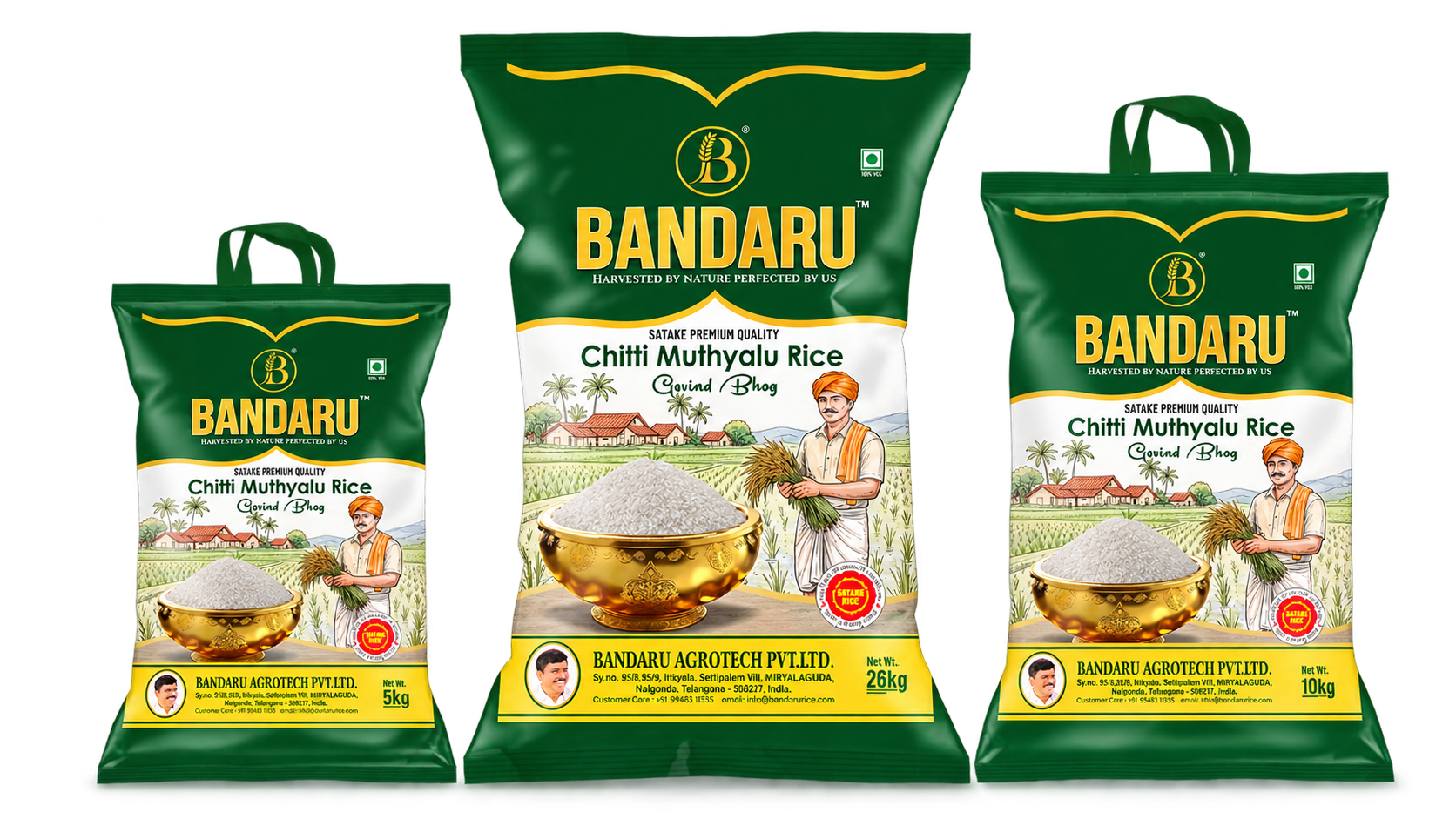 Bandaru Chitti Muthyalu Rice packs in 5 kg, 10 kg and 26 kg