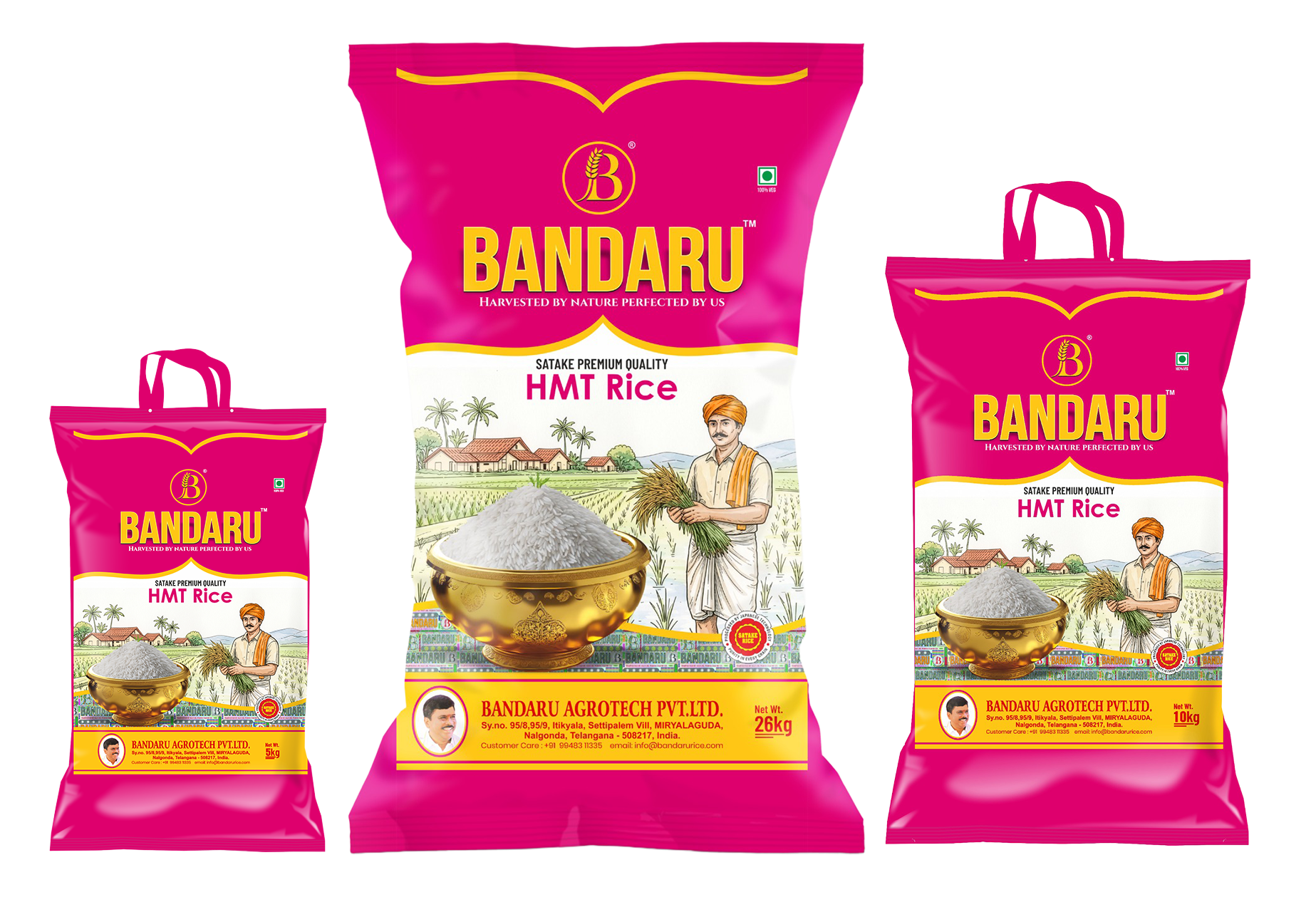 Bandaru HMT Rice packs in 5 kg, 10 kg and 26 kg