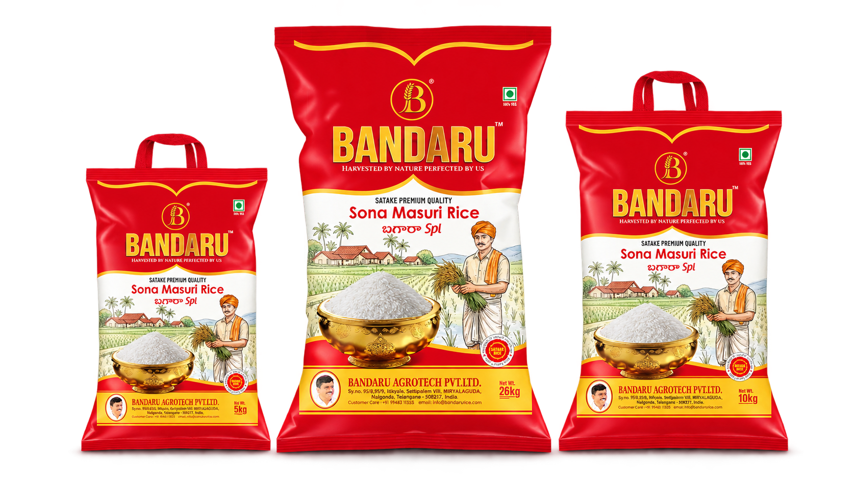 Bandaru Sona Masuri Rice packs in 5 kg, 10 kg and 26 kg