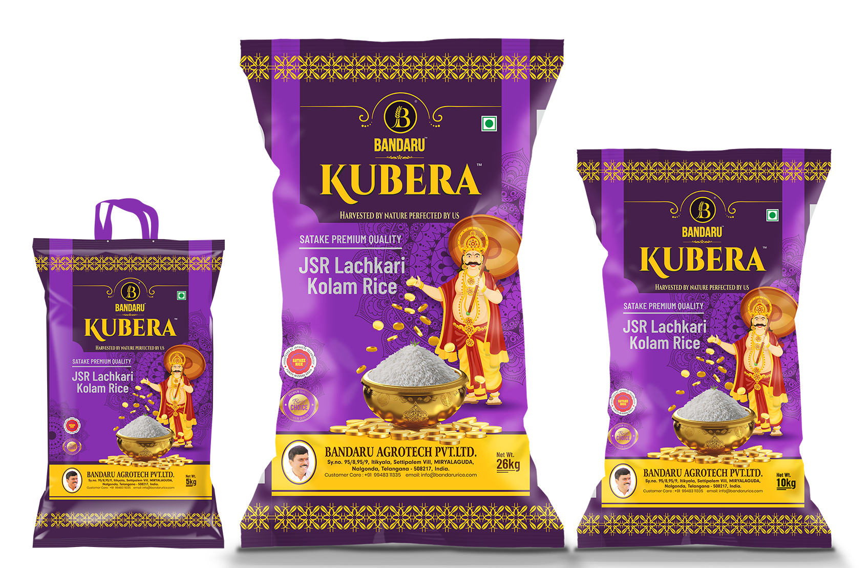 Kubera JSR Lachkari Kolam Rice packs in 5 kg, 10 kg and 26 kg