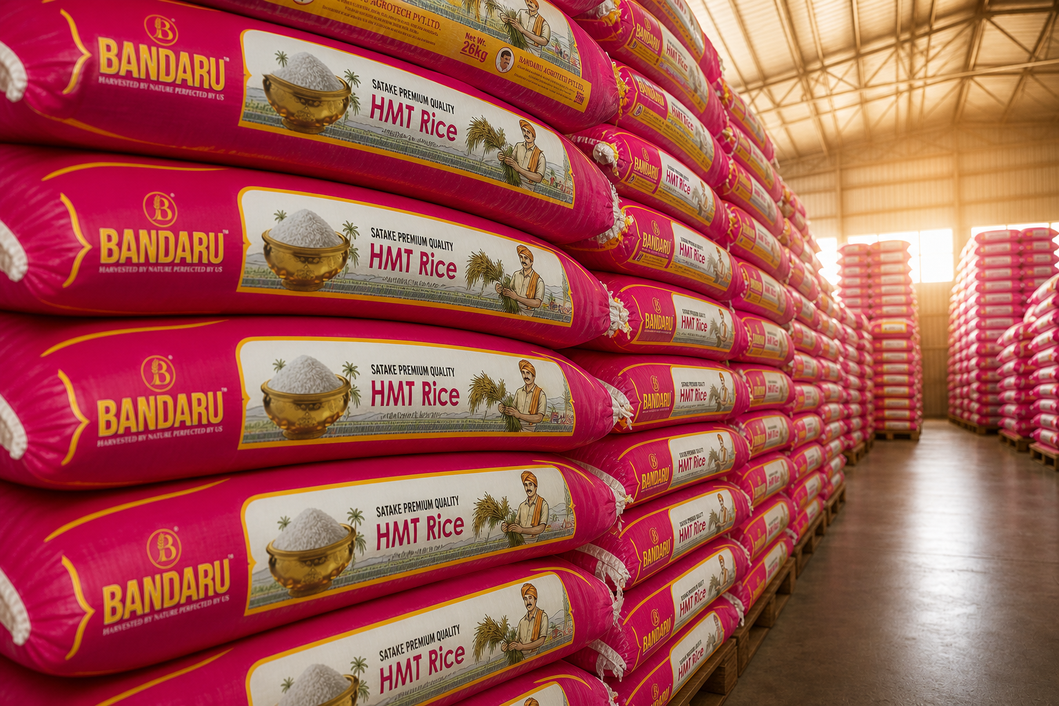 Bulk rice bags stacked in the dispatch warehouse
